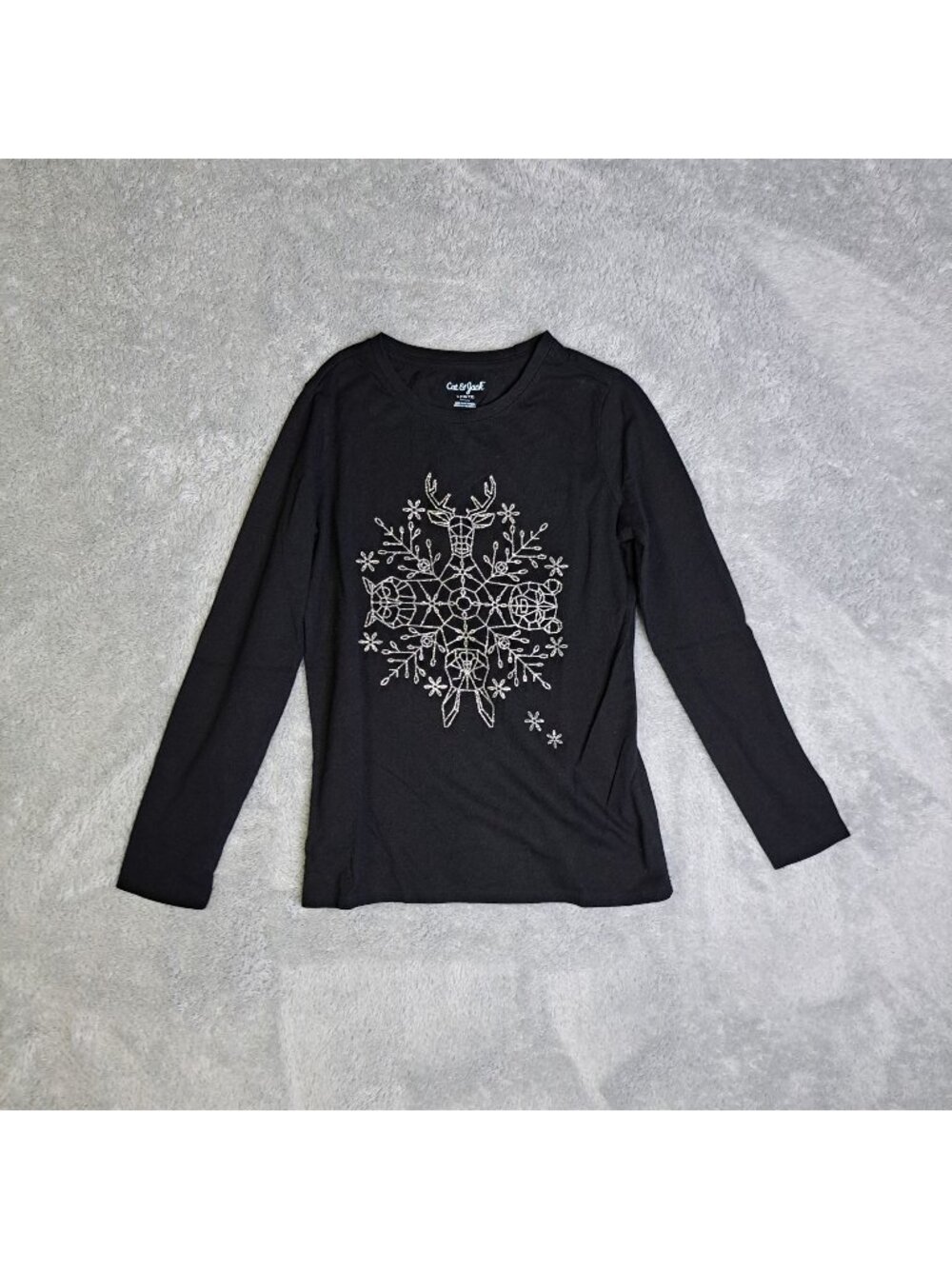 Cat & Jack Girls Black Long Sleeve Graphic Tee Shirt Size L (10/12) Cotton Blend